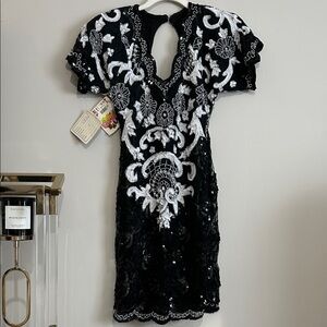 Vintage small OOAK San Marco Nights Floral & Sequin Beaded black white Formal